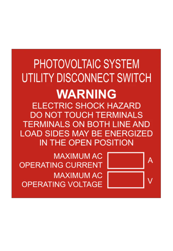 3x3, AC Disconnect Combined Label, Photovoltaic System Utility Disconnect Switch and Warning, Red/White, Plastic
