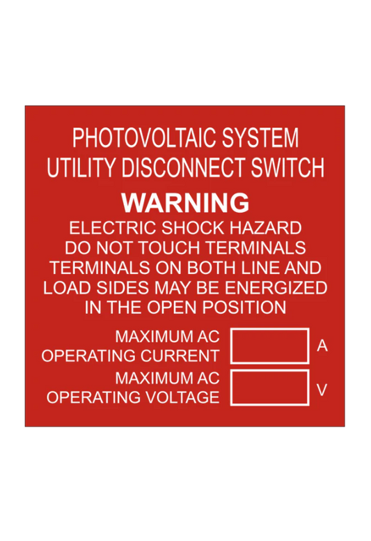 3x3, AC Disconnect Combined Label, Photovoltaic System Utility Disconnect Switch and Warning, Red/White, Plastic